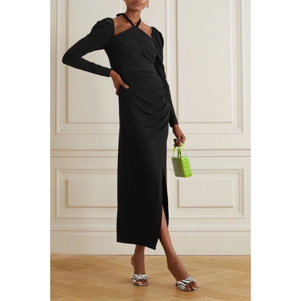 NWT Self-Portrait Jersey Gathered Midi Dress in Black - Picture 5 of 12